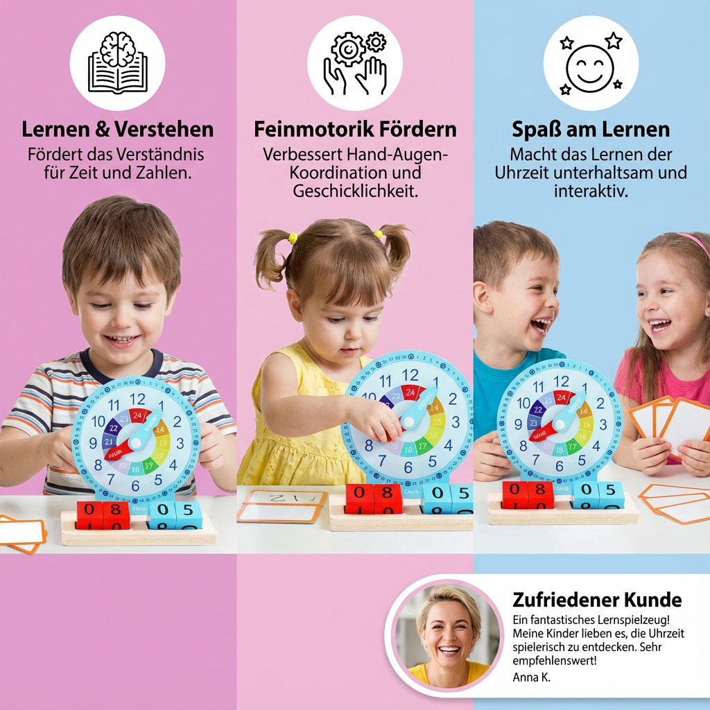 Montessori Lernuhr mit analoger Anzeige & passender digitaler Zeit. Kinder lernen spielerisch, die Uhrzeit abzulesen.