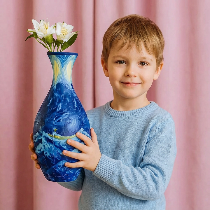 Verpackung des 3D Puzzle Vase DIY-Sets für Erwachsene. Kreatives Bastelset, um eine einzigartige Blumenvase zu bauen.