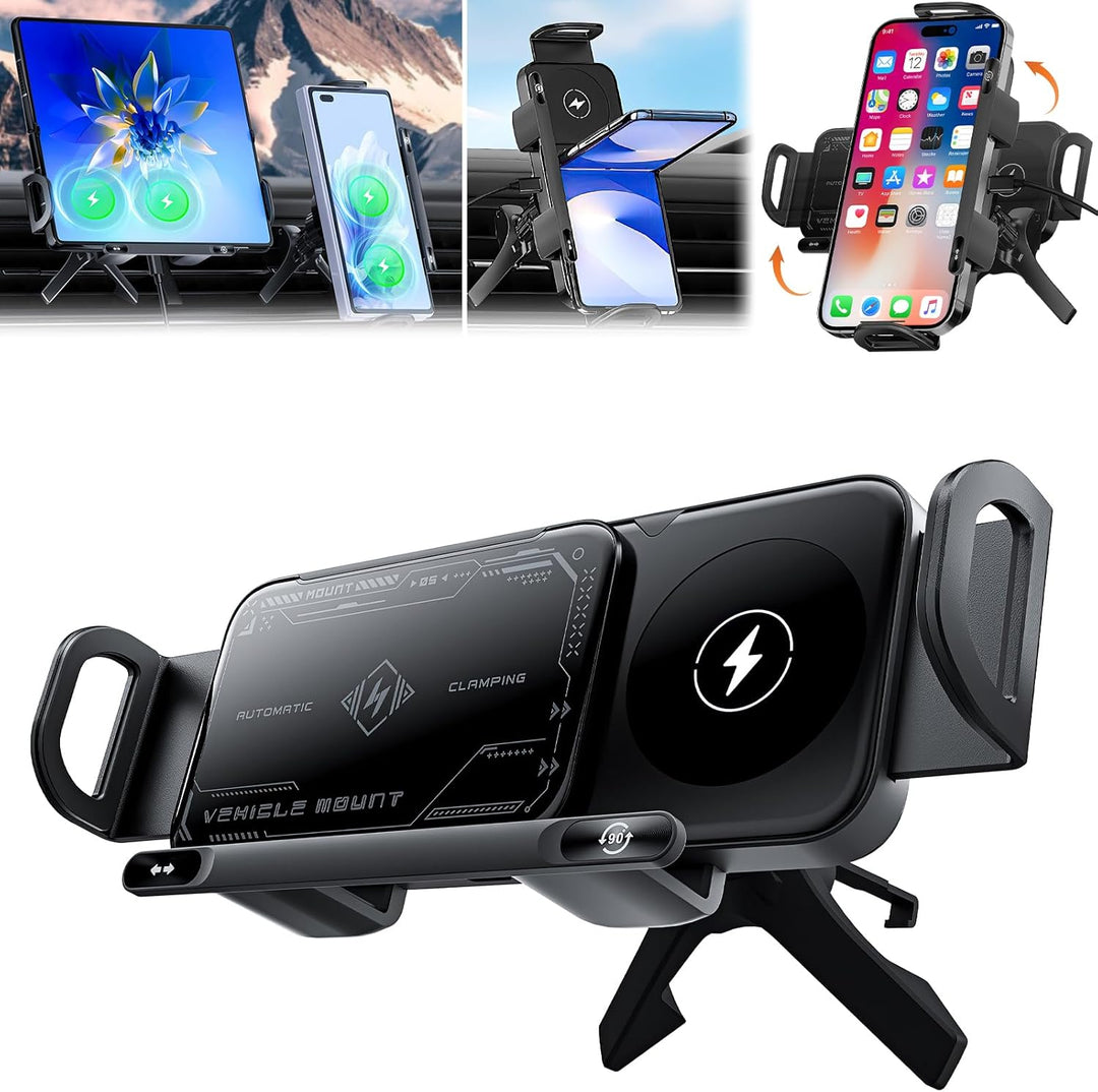 Robuste Auto Lüftungsgitter Handyhalterung mit 15W Wireless Charging. Optimal für freihändige Navigation.