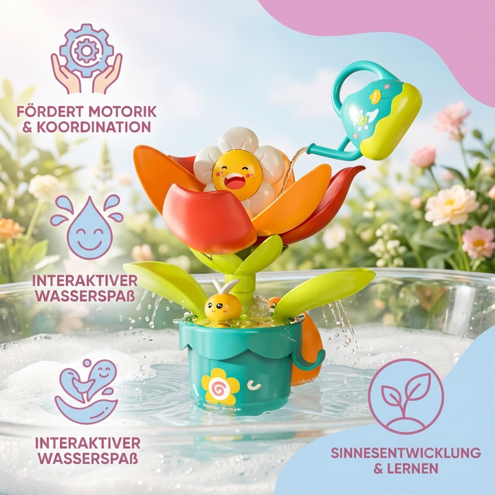Hochwertiges Badespielzeug Set für Kinder: Gießkanne & bunte Blumen für fröhliches Planschen in der Badewanne.