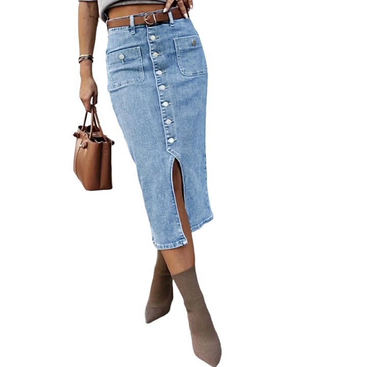 Schwarzer Damen Jeansrock mit High-Waist und Bleistift-Schnitt, knielang, perfekt für eine elegante Silhouette.