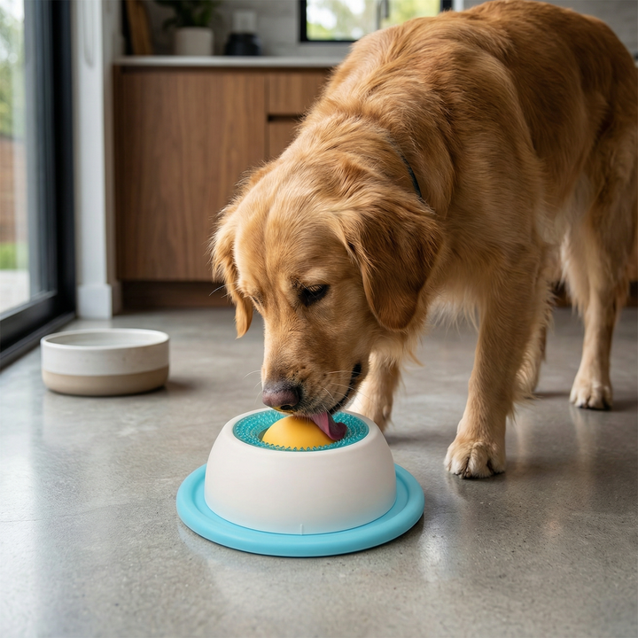 Gelber Hunde-Slow-Feeder Leckteller als interaktives Hundespielzeug zur mentalen Beschäftigung und Stressminderung.