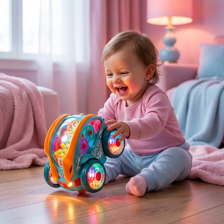 Interaktives Kinder Purzelbaum Spielauto mit hellen Lichteffekten fördert Motorik und Spaß. Elektrisches Spielzeug.