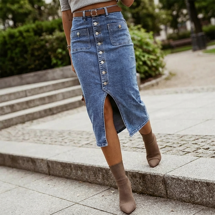 Stylischer High-Waist Jeans-Bleistiftrock für Damen in Dunkelblau, figurbetont, ideal für diverse Outfits.