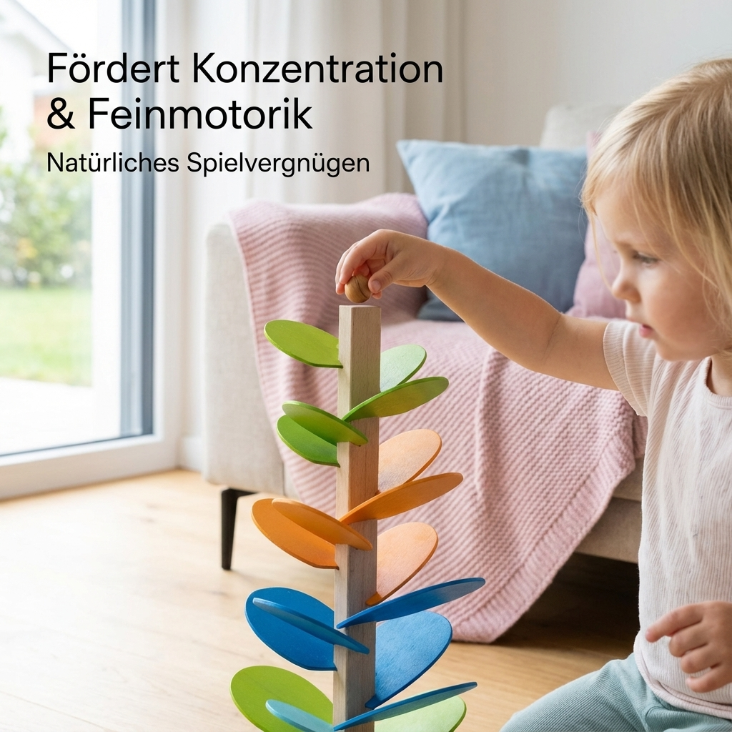 Kind spielt mit farbenfrohem Montessori Murmel Turm aus Holz, fördert sensorische Entwicklung.