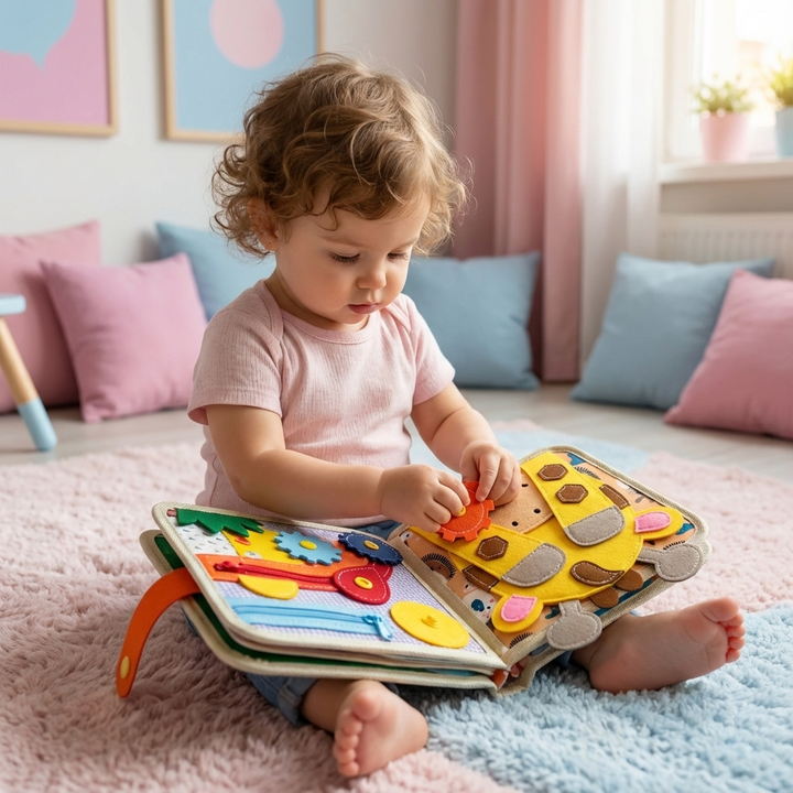 Detailaufnahme des sensorischen Kinderbuchs mit bunten Giraffenmotiven und fühlbaren Texturen für Kleinkinder.