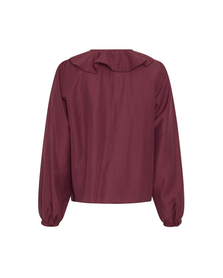 Damenbluse mit elegantem V-Ausschnitt und Rüschen. Lange Ärmel, perfekt für Business und Freizeit.