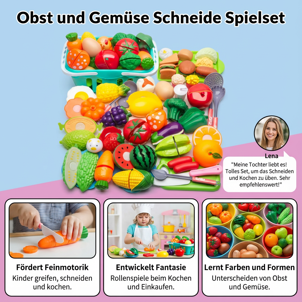 Lernspielzeug Schneideset: Kinder entdecken spielerisch gesunde Ernährung und Obst & Gemüse.