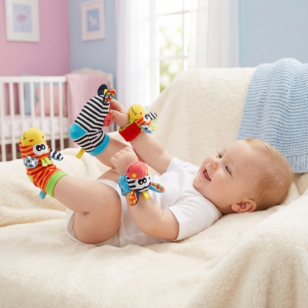 Sensorische Babysocken & Armbänder mit Rasseln, Motorikspielzeug für Baby & Kleinkind.