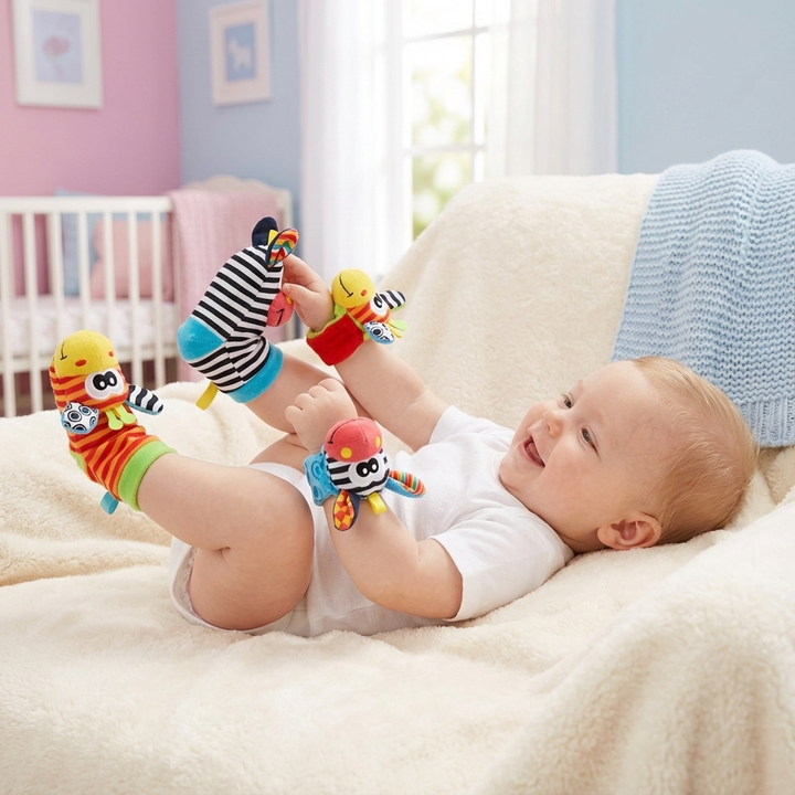 Sensorische Babysocken & Armbänder mit Rasseln, Motorikspielzeug für Baby & Kleinkind.
