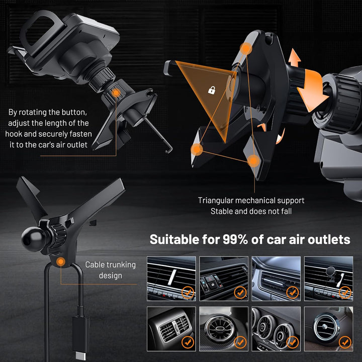 Freihändiger Universal Handyhalter mit 15W Wireless Charging für sichere Navigation und Aufladen im Auto.