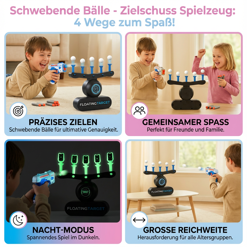 Nahaufnahme vom interaktiven Schwebende Bälle Zielschuss Spiel. Fördert Motorik, Geschicklichkeit & Konzentration.