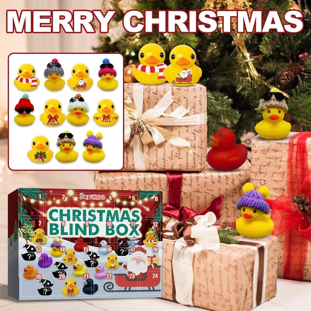Festlicher Badeentchen Adventskalender 2024. Bunte Entchen als Weihnachtsgeschenk und lustiges Badespielzeug.