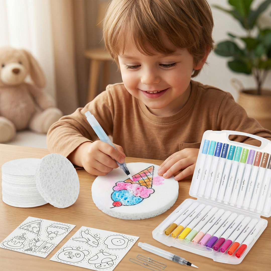 Kinder Schwamm-Malset: Kreatives DIY Kunstset mit Schwämmen, Farben & Bubble-Effekt für Malanfänger. Feinmotorik-Spielzeug.