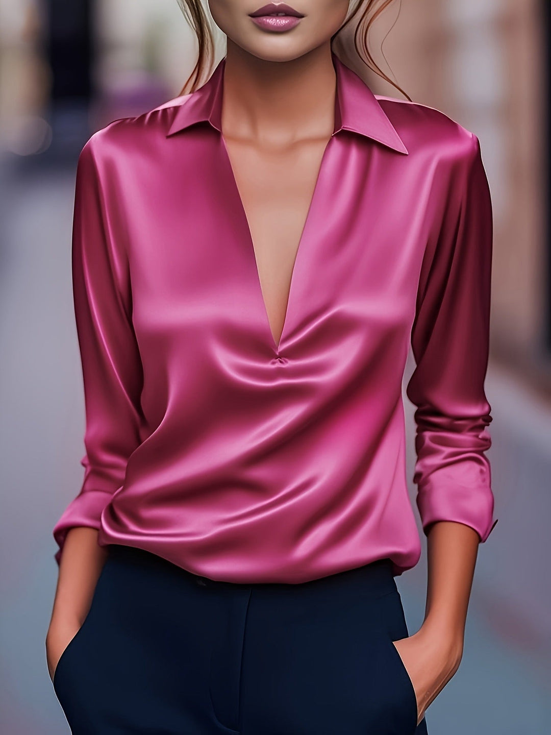Trendige Damenbluse mit Satin-Effekt und modischem V-Ausschnitt. Vielseitig für Business und Freizeit.