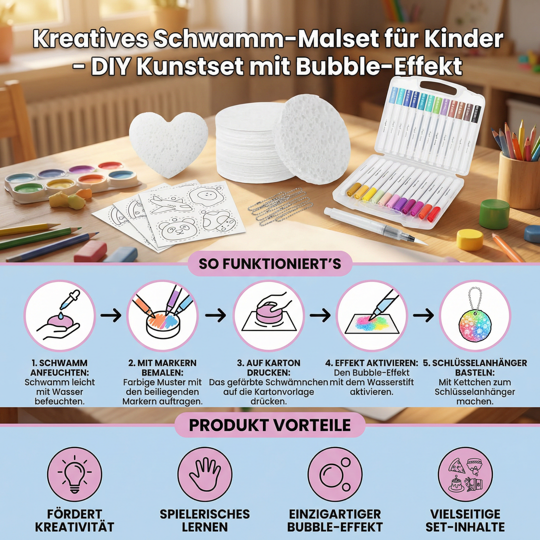 Kind malt begeistert mit Schwamm-Malset, erzeugt bunte Bubble-Effekte. Kreatives DIY Kunstset fördert Feinmotorik & Malen lernen.