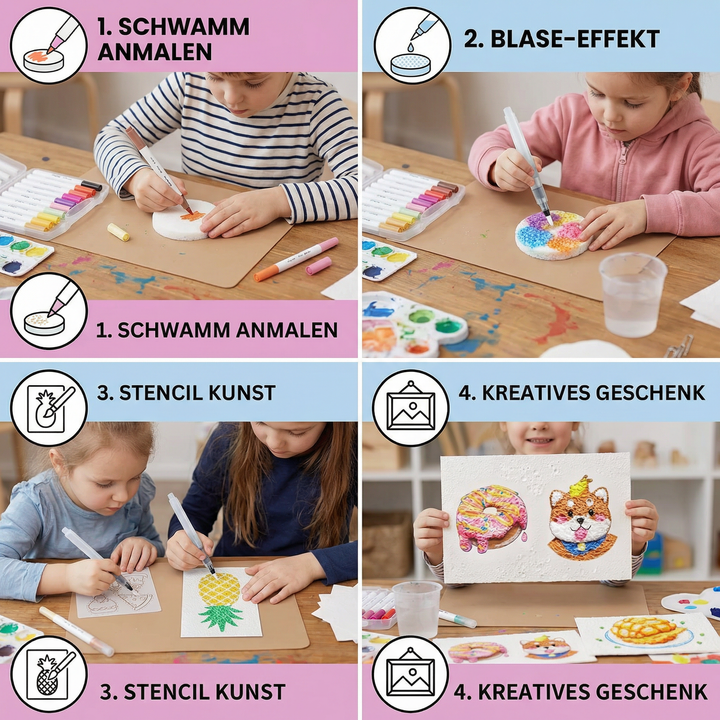 Geschenkidee Kinder: Buntes Schwamm-Malset für DIY Kunstprojekte mit Bubble-Effekt. Fördert Kreativität & Malerei. Lernspielzeug.