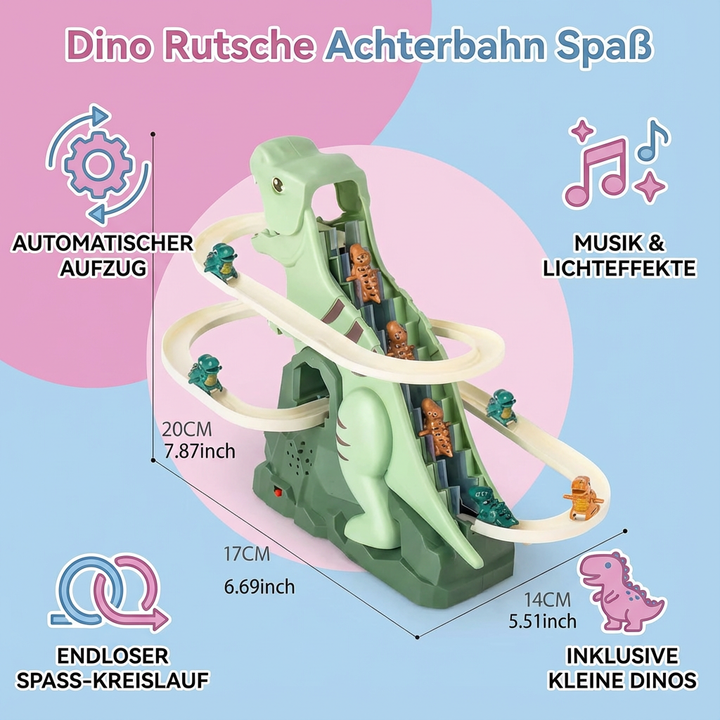 Gesamtansicht der Dino Rutsche Achterbahn mit Aufstieg & Rutsche. Robustes Spielgerät für stundenlangen Spaß.