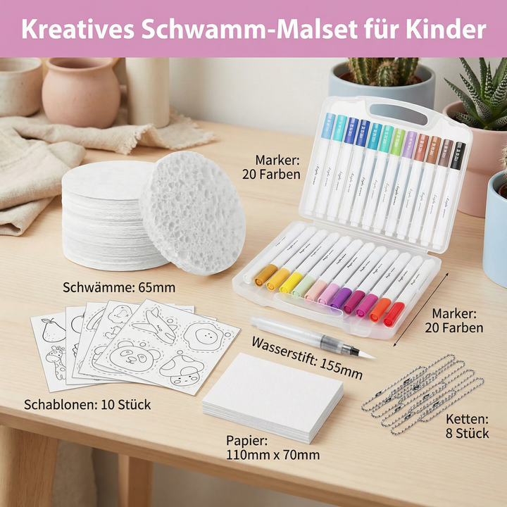 Detaillierter Blick: Inhalt des Kinder Schwamm-Malsets mit Schwämmen, Farben und Anleitung für kreative Bubble-Effekte Kunst.