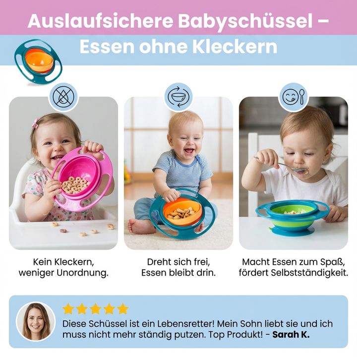 Innovatives Kindergeschirr: Babyschüssel zum Essen lernen, fördert die Selbstständigkeit beim Kleinkind.