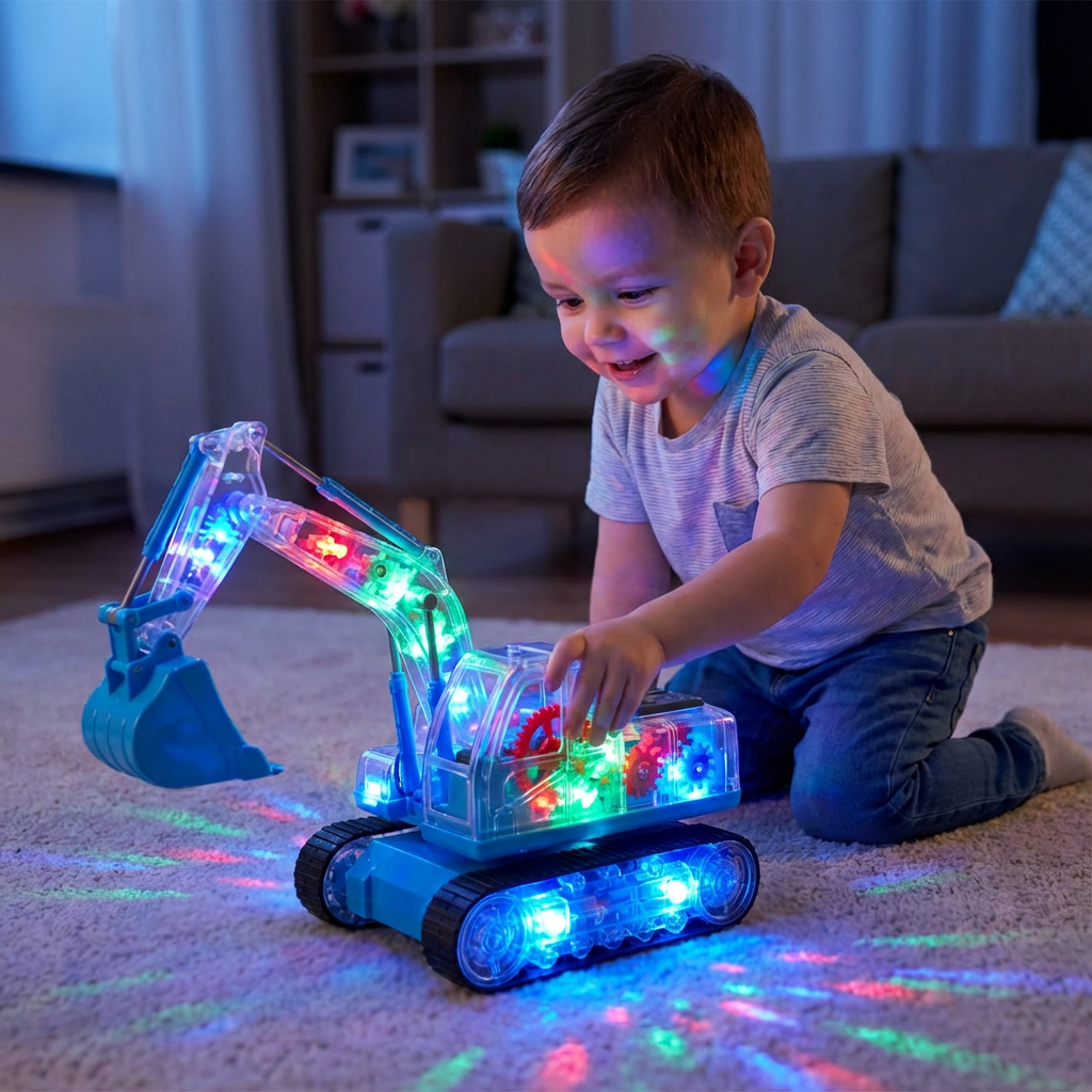 Leuchtender Tanz Bagger in Gelb und Blau für Kinder. Elektronisches Motorik & Rhythmus Spielzeug mit Musik.