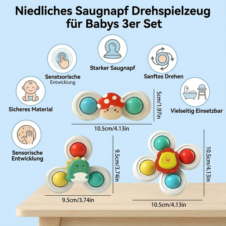 Dieses Babyspielzeug, ein 3er Set bunter Drehspielzeuge mit Saugnapf, garantiert Spielspaß und Entwicklung.