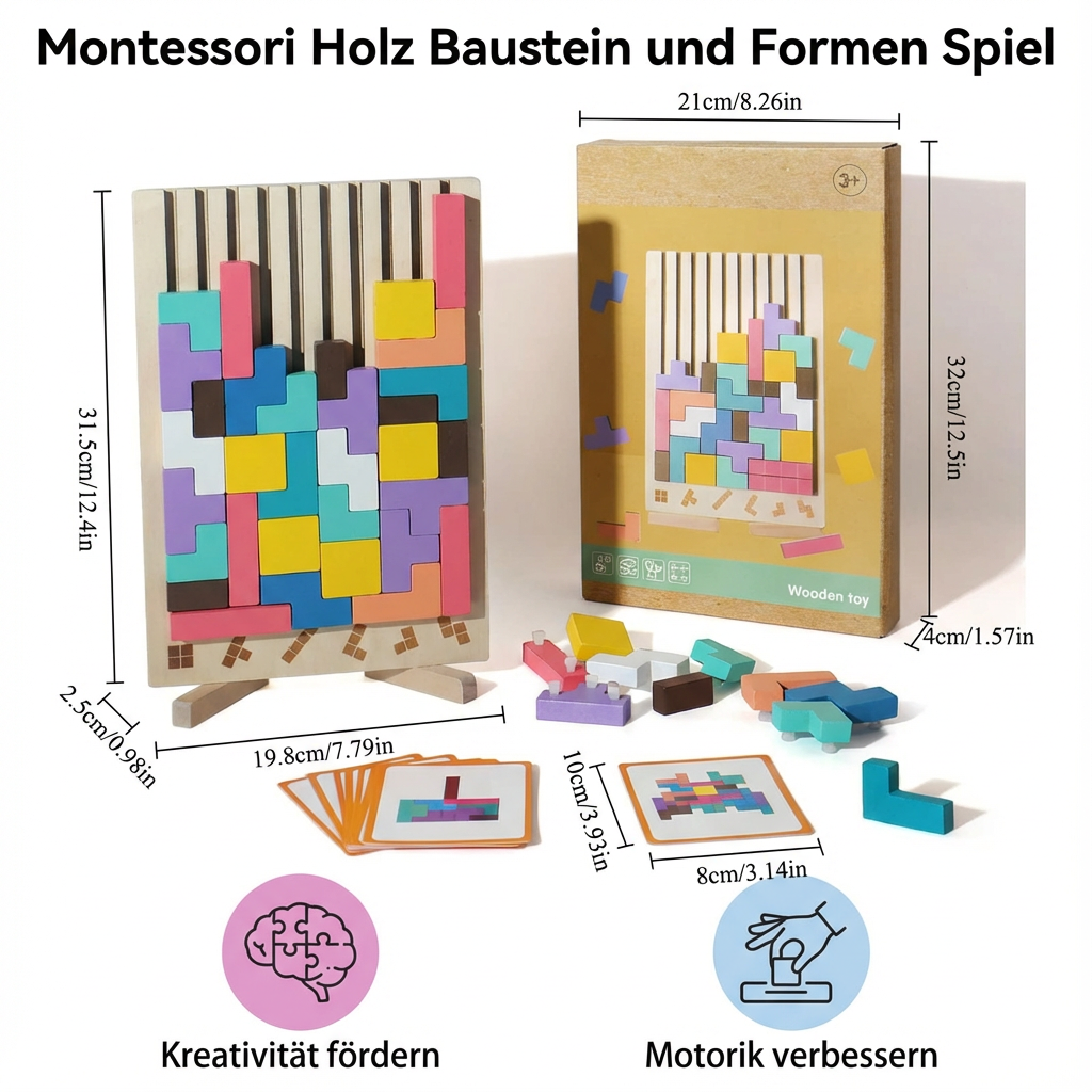 Montessori Holzspielzeug: Baustein-Set mit verschiedenen Formen und Farben, ideal zum Lernen & kreativen Bauen für Kinder.