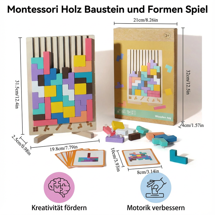 Montessori Holzspielzeug: Baustein-Set mit verschiedenen Formen und Farben, ideal zum Lernen & kreativen Bauen für Kinder.