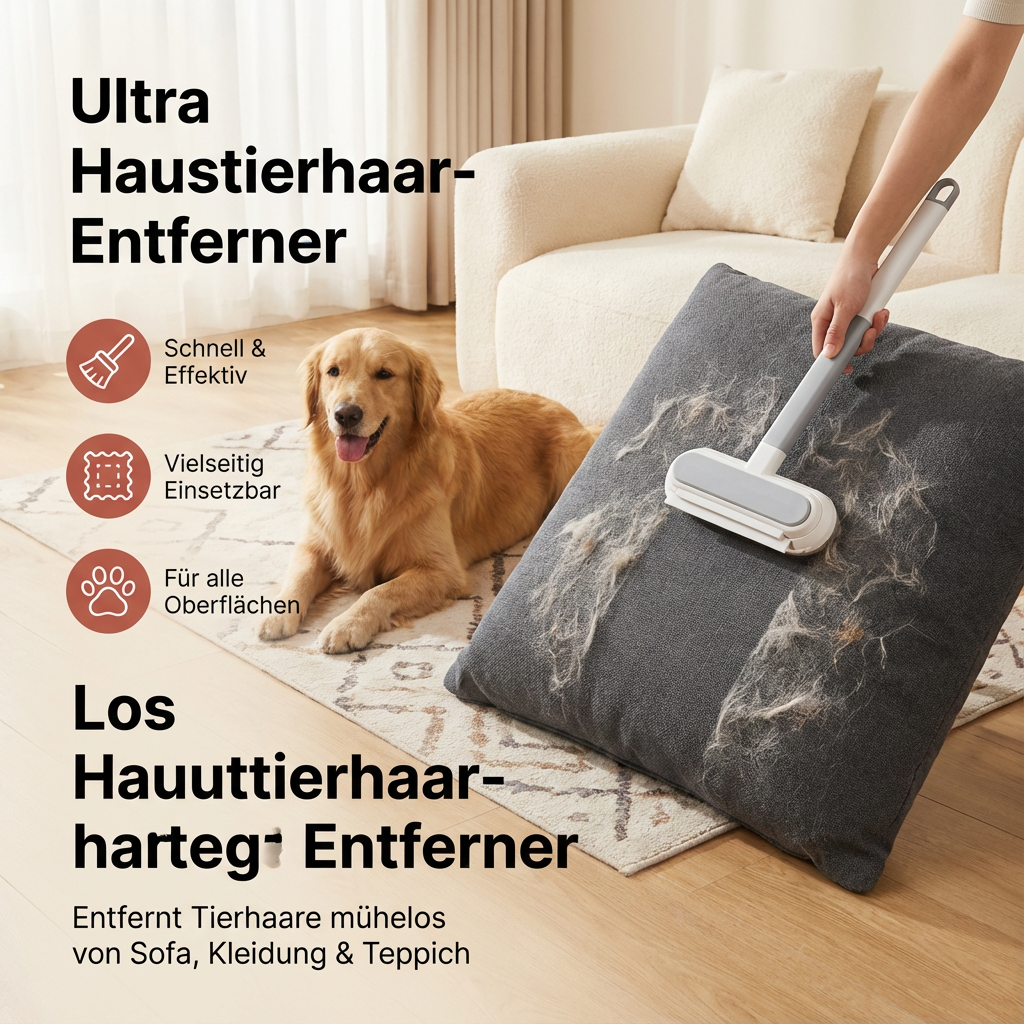 Mühelose Entfernung von Katzenhaaren & Hundehaaren mit dieser effizienten Tierhaarbürste für eine saubere Wohnung.