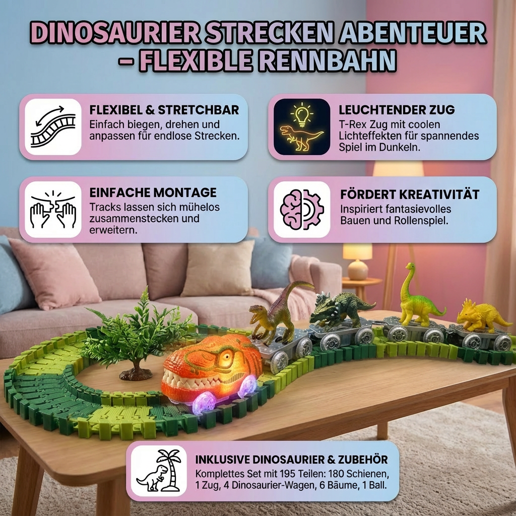 Leuchtende Dinosaurier Rennbahn für Kinder mit strahlendem Zug. Macht jedes Dinoabenteuer noch spannender.