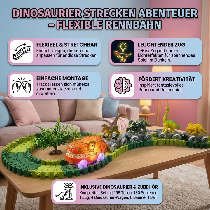 Leuchtende Dinosaurier Rennbahn für Kinder mit strahlendem Zug. Macht jedes Dinoabenteuer noch spannender.