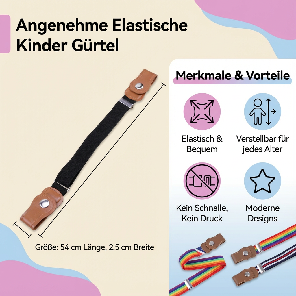 Kinderfreundlicher elastischer Gürtel in leuchtenden Farben, für Mädchen & Jungen.