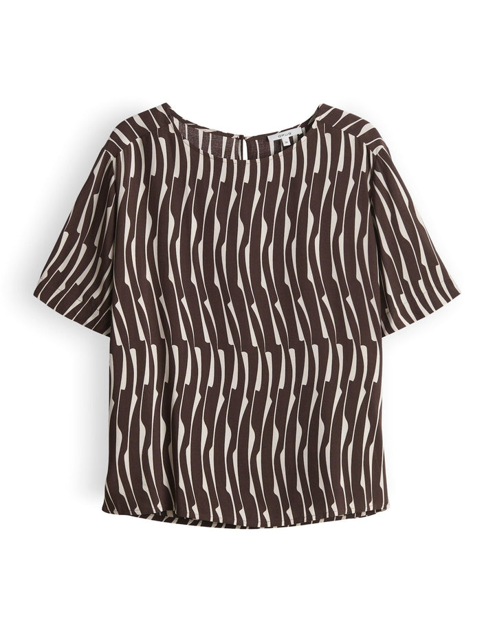Damen Loose-Fit Kurzarmbluse mit U-Boot-Ausschnitt & elegantem Grafikmuster. Perfektes Oberteil für Freizeit & Sommer.