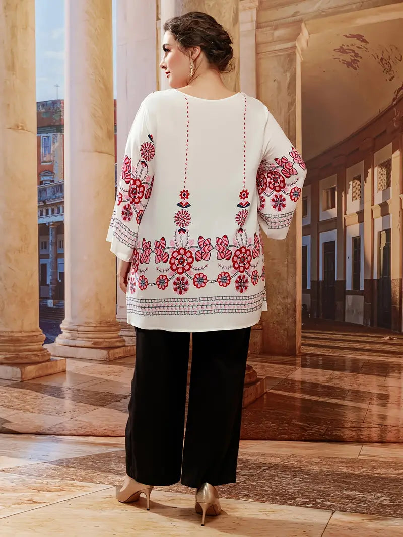 Modische Damen Tunika in Übergröße, Langarm, mit Blumenmuster, elegant und bequem für Herbst.