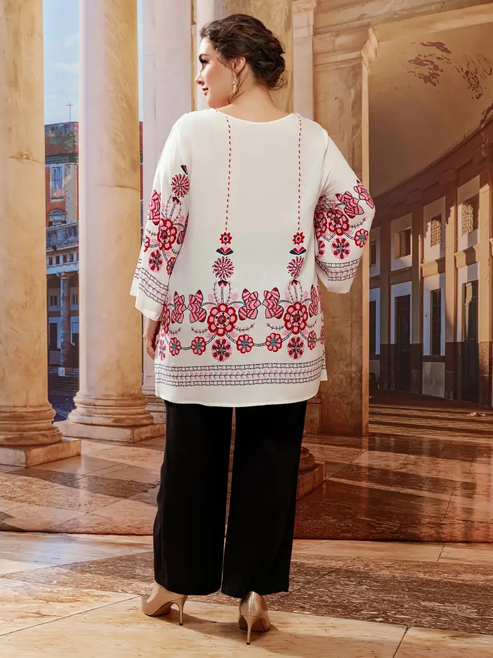 Modische Damen Tunika in Übergröße, Langarm, mit Blumenmuster, elegant und bequem für Herbst.