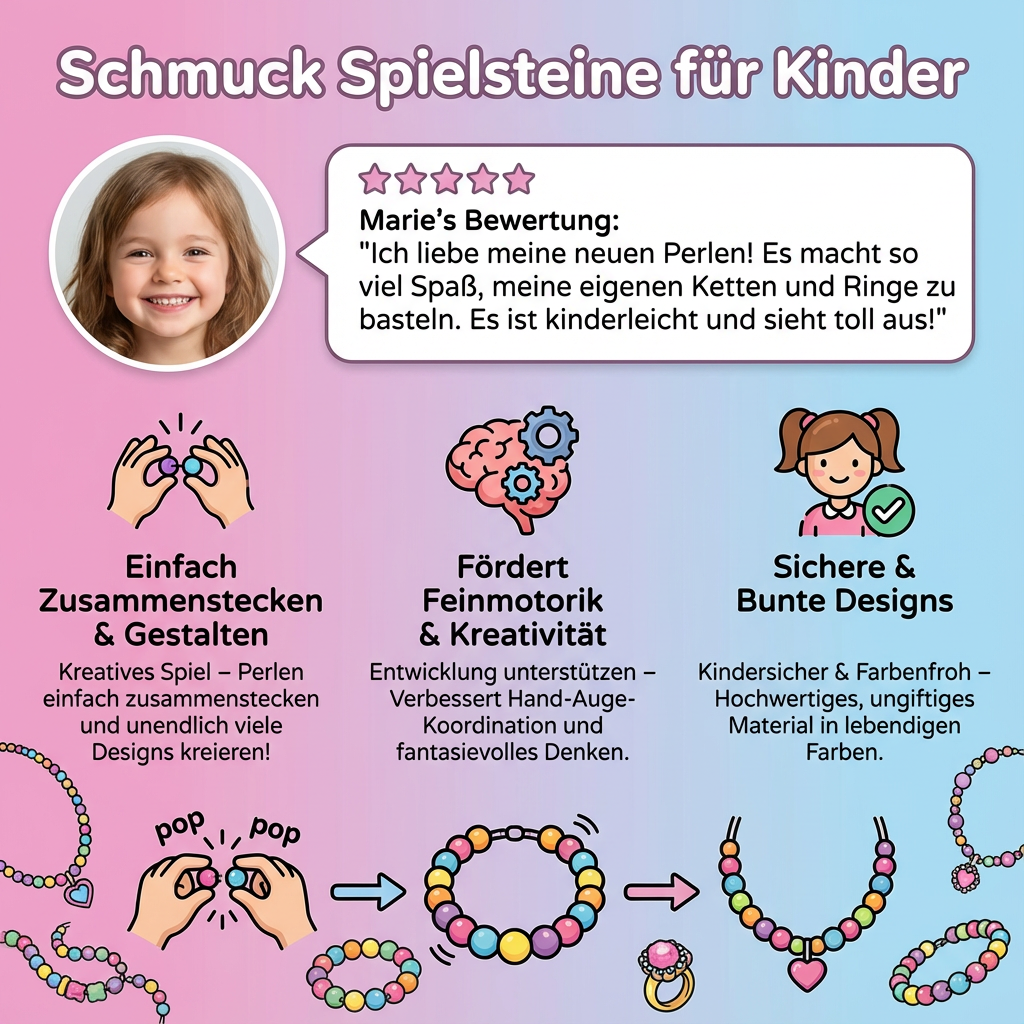 Kind steckt fröhlich bunte Schmucksteine zusammen, verbessert Motorik.
