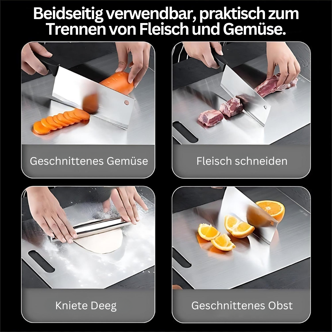 Modernes, langlebiges Edelstahl-Schneidebrett für die Küche; ein rostfreies und praktisches Küchenutensil.