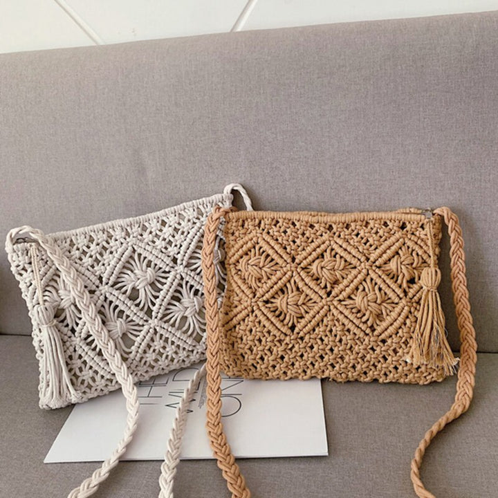Boho-Stil Damen Umhängetasche, gewebt in Naturtönen, stilvolle Sommertasche.