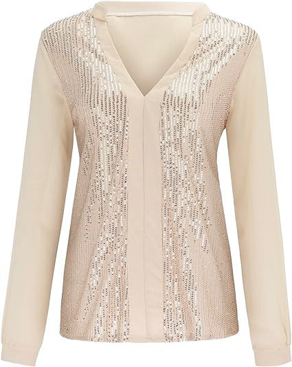 Damen Paillettenbluse Übergröße, V-Ausschnitt, langarm, glitzernd, für festliche Anlässe.