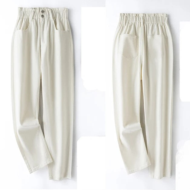 Mittelblaue High-Waist Stretchhose für Damen in Übergröße, flexibel & alltagstauglich.