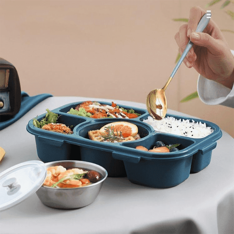 Auslaufsichere Bento Box mit 5 Fächern, spülmaschinenfest und robust für den täglichen Gebrauch.