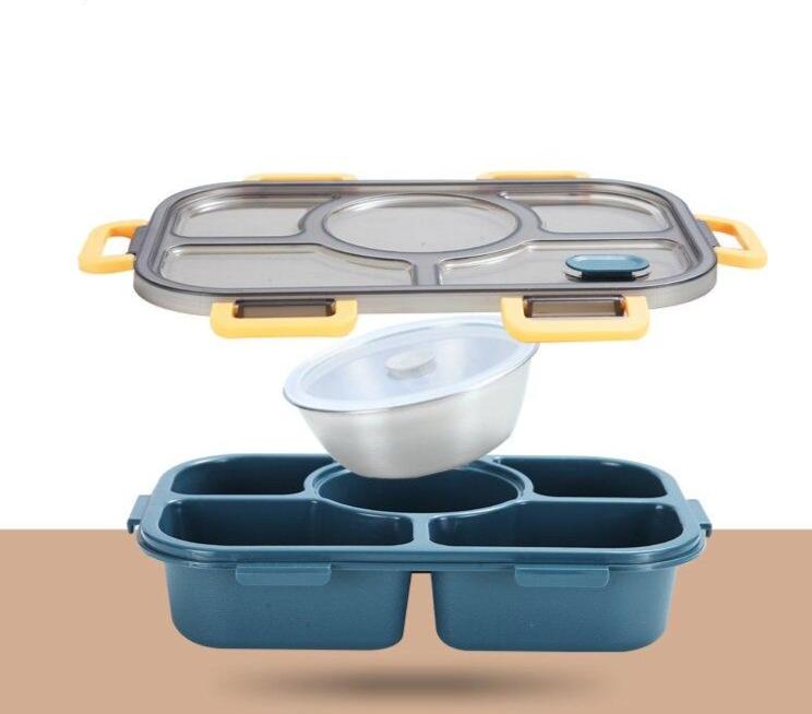 Kompakte Brotdose pw260515 mit 5 Fächern, ideal für Snacks und Hauptmahlzeit im Kinderrucksack.