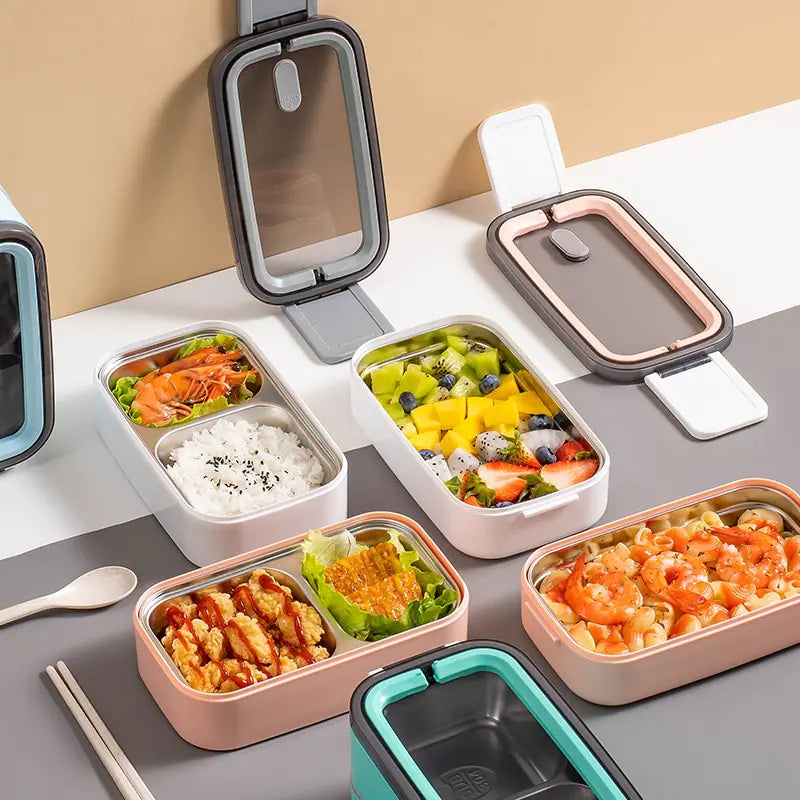 Tragbare 2-Lagen Edelstahl-Lunchbox, ideal für Büro, Schule und Picknicks, hält Mahlzeiten frisch.