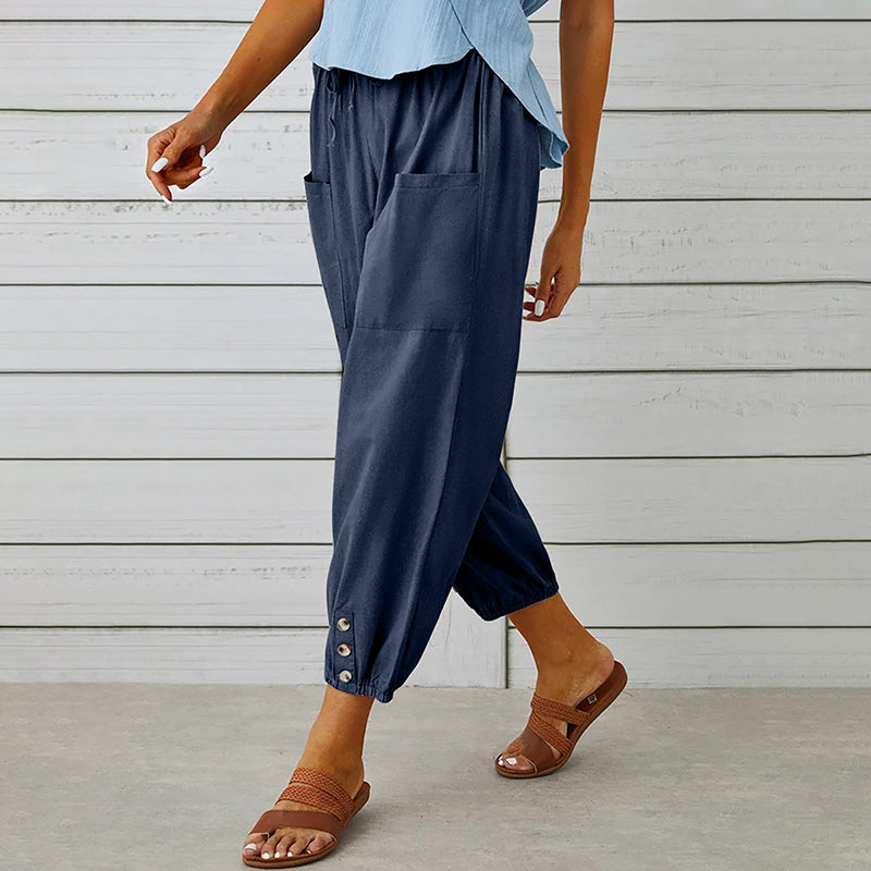 Bequeme Damen 7/8-Hose, locker geschnitten, mit Kordelzug und Taschen. Ideal für Freizeit im Frühling & Sommer.