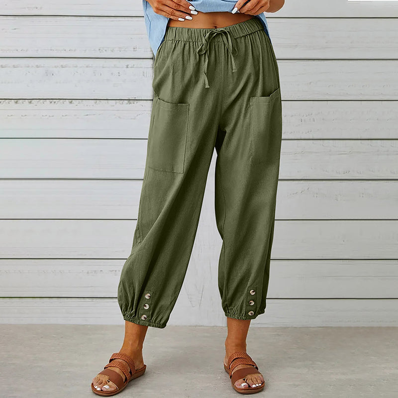 Bequeme Damen Freizeithose 7/8, locker, mit Kordelzug & Taschen. Vielseitige Casual-Hose für alle Jahreszeiten.