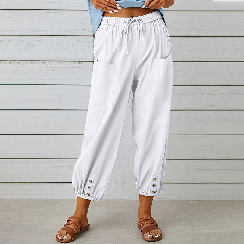 Stilvolle Damen 7/8-Hose, mittelhoher Bund, Kordelzug. Lockere Passform, perfekt als bequeme Freizeithose.