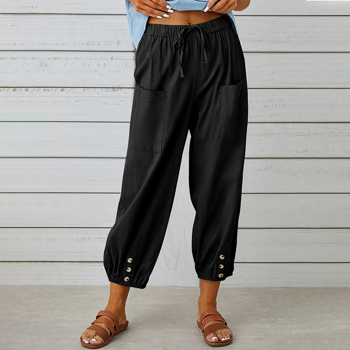 Weiche, bequeme Damen 7/8-Hose, locker geschnitten. Vielseitige Freizeithose mit Kordelzug für Frühling & Herbst.