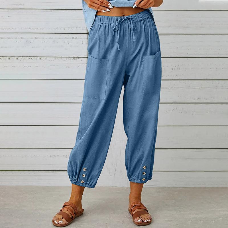 Einfarbige Damen 7/8-Hose, lässig & bequem. Modische Freizeithose mit Kordelzug und Seitentaschen für jeden Tag.