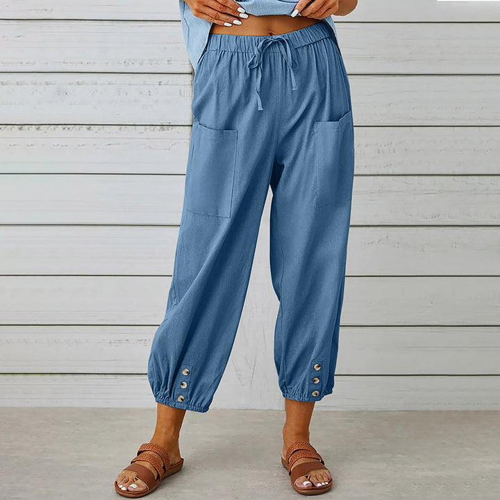 Einfarbige Damen 7/8-Hose, lässig & bequem. Modische Freizeithose mit Kordelzug und Seitentaschen für jeden Tag.