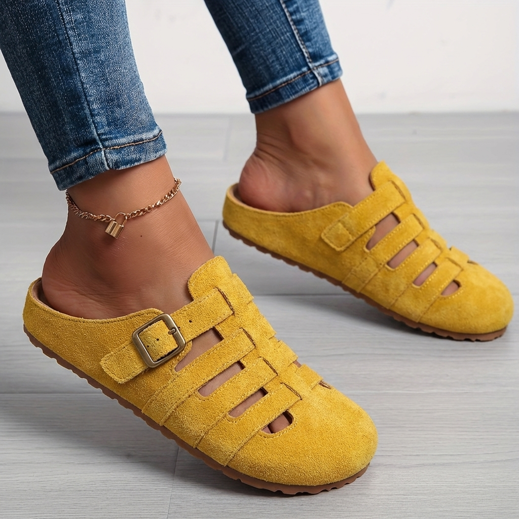 Bequeme Damen Slip-On-Mulesandalen, perfekt für Sommer und Freizeit. Flache, offene Damenschuhe für Eleganz.